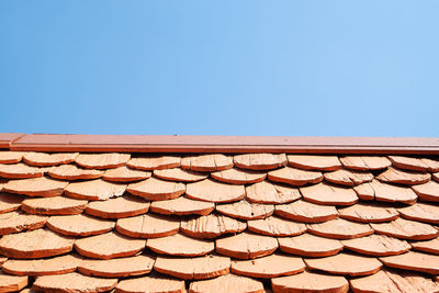 Low angle view of roof tiles against clear blue sky