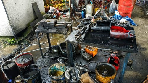 High angle view of old machine in market