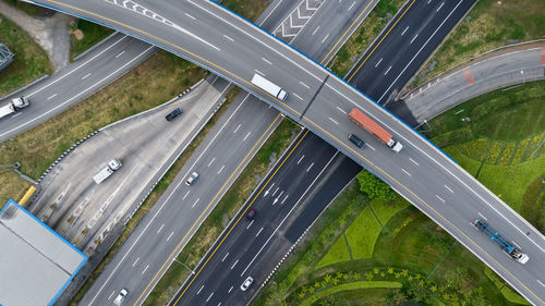 Aerial top view highway junction interchange road. drone view of elevated road, traffic junctions