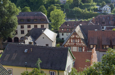 High angle view of houses and buildings in town