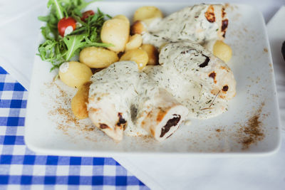 High angle view of food in plate on table