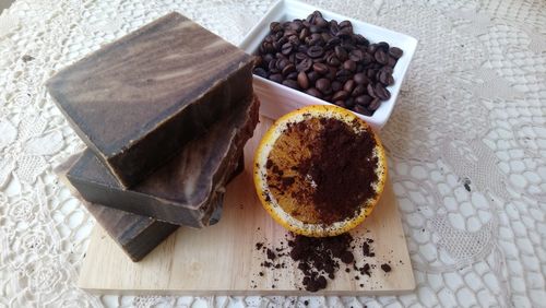 High angle view of chocolate cake on table