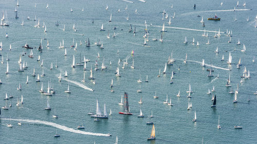 High angle view of sailboats in sea