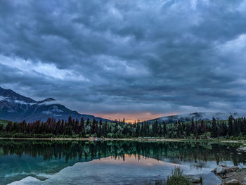 Scenic view of lake by trees against sky