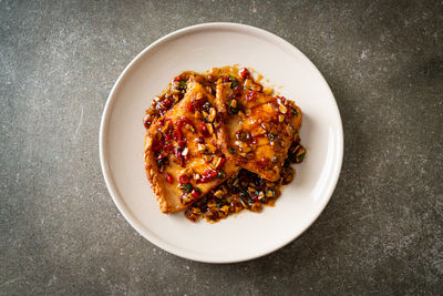 High angle view of food in plate on table