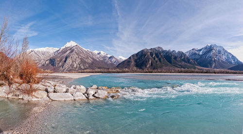 Scenic view of lake by snowcapped mountains against sky