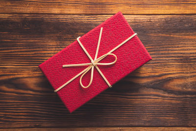 High angle view of red box on table