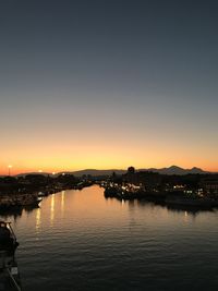 Scenic view of river against sky at sunset