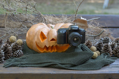 Close-up of camera on table