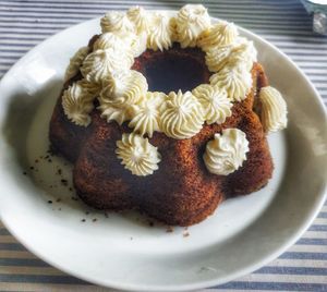 High angle view of cake in plate on table