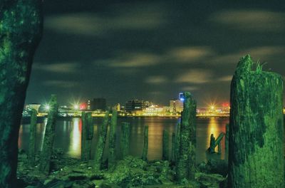 View of city lit up at night