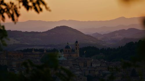 High angle view of townscape against sky during sunset