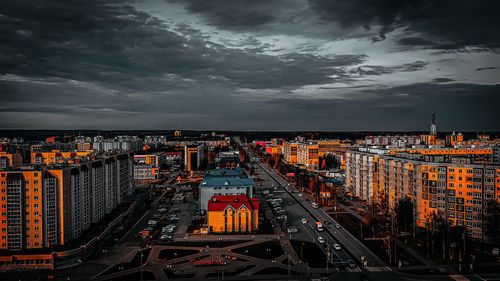 High angle view of road amidst buildings in city