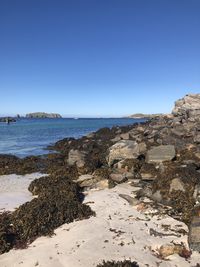 Scenic view of beach against clear blue sky