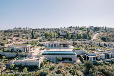 High angle view of townscape against clear sky