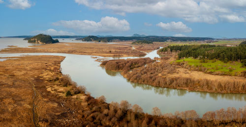 Skagit river delta. aerial drone view of fir island, washington.