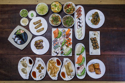 High angle view of sushi served on table