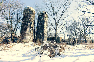 Bare trees on snow covered landscape