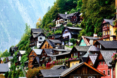 High angle view of houses and buildings in town