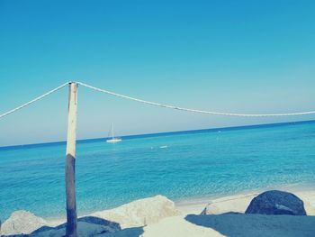 Scenic view of sea against clear blue sky