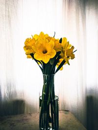 Yellow flower in vase on table