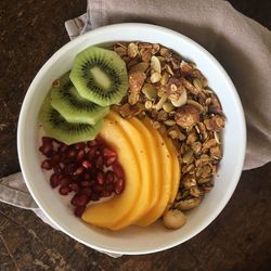 High angle view of fruits in bowl on table