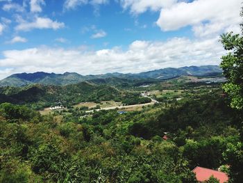 High angle view of trees on landscape against sky