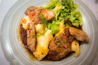 High angle view of food served in plate