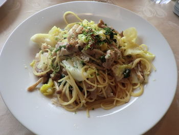 High angle view of pasta in plate on table