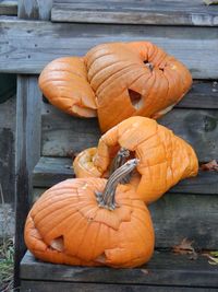 Close-up of pumpkin on wood during autumn