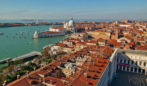 High angle view of city at waterfront