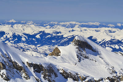 Scenic view of snow covered mountains against sky