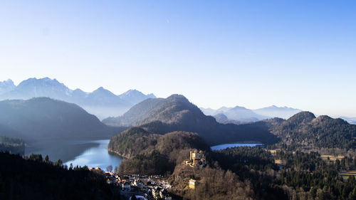 Scenic view of river and mountains against sky