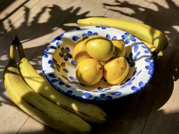 High angle view of fruits in bowl on table