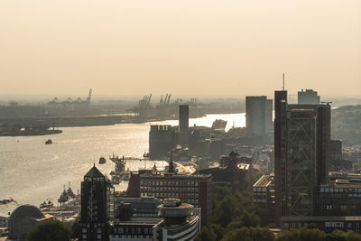 High angle view of buildings against sky during sunset