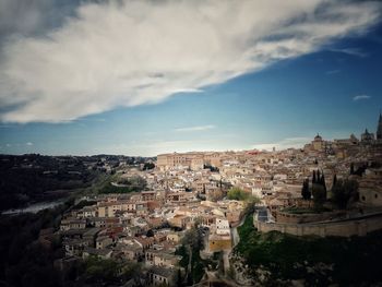 High angle shot of townscape against sky