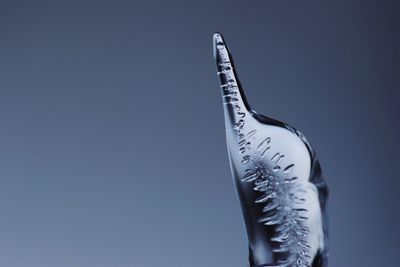 Close-up of icicles against blue sky