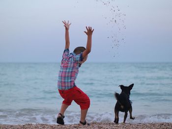 Full length of dog standing on beach against clear sky