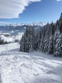Scenic view of snow covered mountains against sky