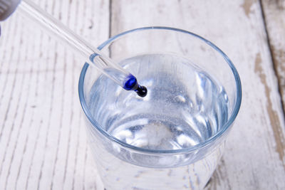 High angle view of water in glass on table