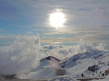 Scenic view of snow against sky during sunset