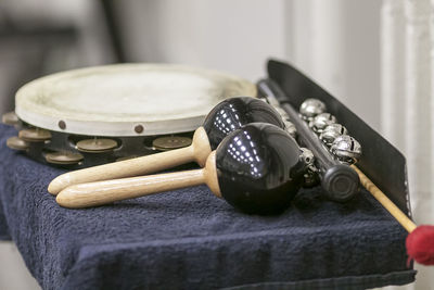 Percussion instruments ready for action when needed