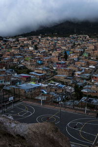 High angle view of townscape against cloudy sky