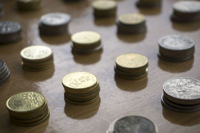 Close-up of coins on table