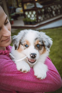 Girl holds smiling australian shepherd puppy. love and relationship between female dog and female