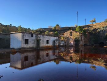 Reflection of built structure in water against clear sky