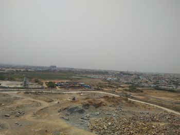 High angle view of buildings against clear sky