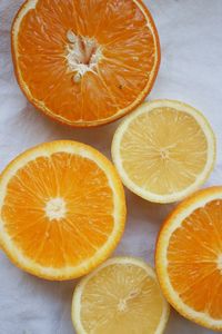 High angle view of orange slices on table