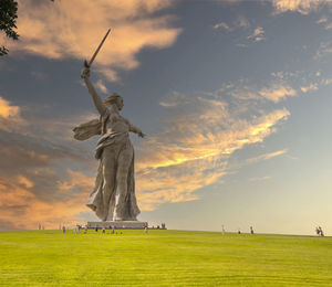 The motherland monument in volgograd in sunrise.