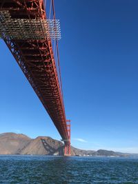 Low angle view of bridge over sea against clear blue sky